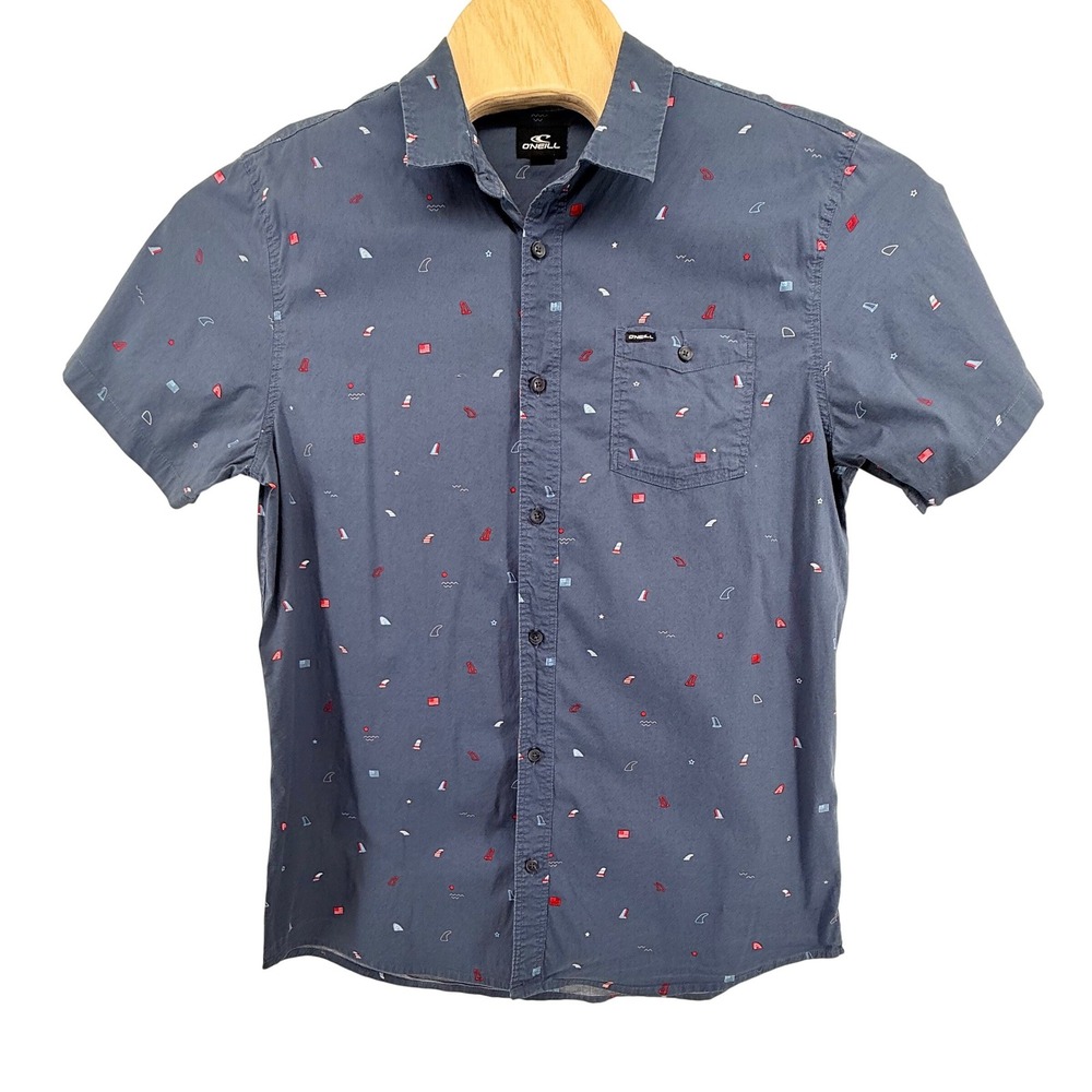 O'Neill Button Down Shirt Mens XL Blue Nautical Micro Print Short‎ Sleeve